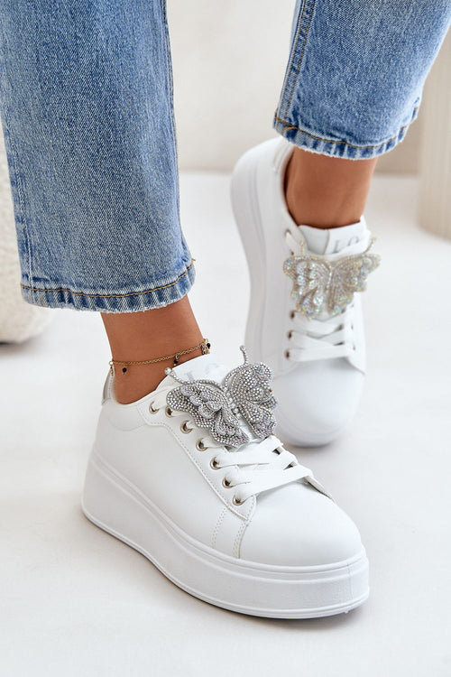 Women's Eco Leather Platform Sneakers with Shiny Butterfly