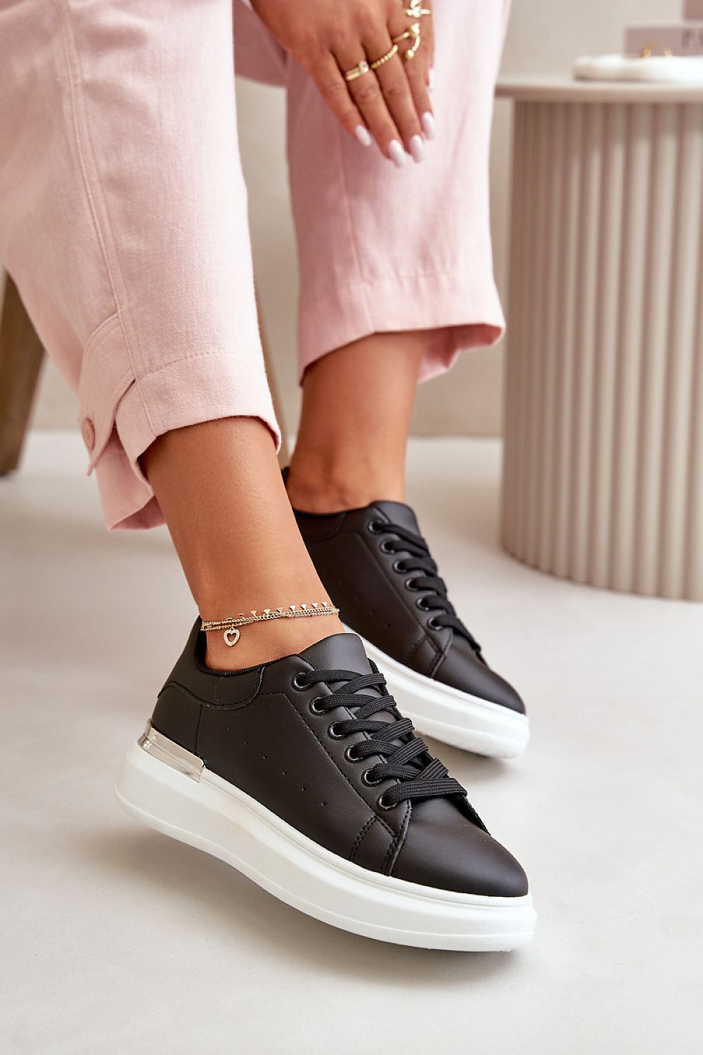 Trendy White-Black Rose Gold Sneakers