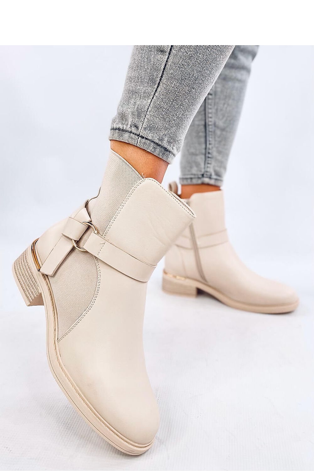 Beige High Neck Buckle Boots