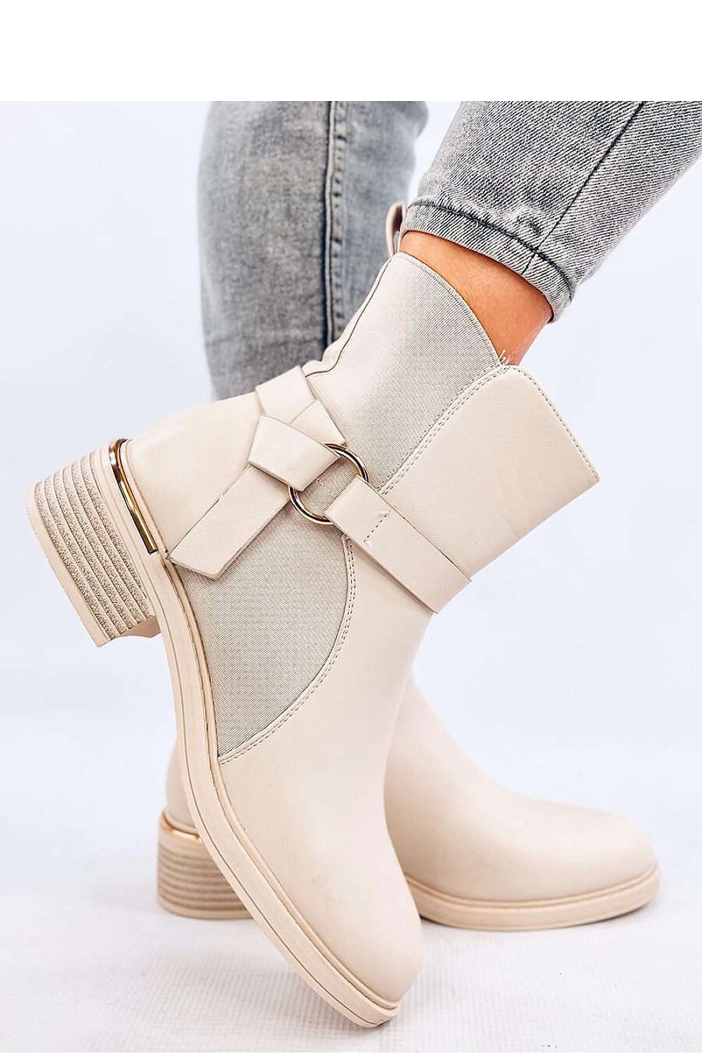 Beige High Neck Buckle Boots