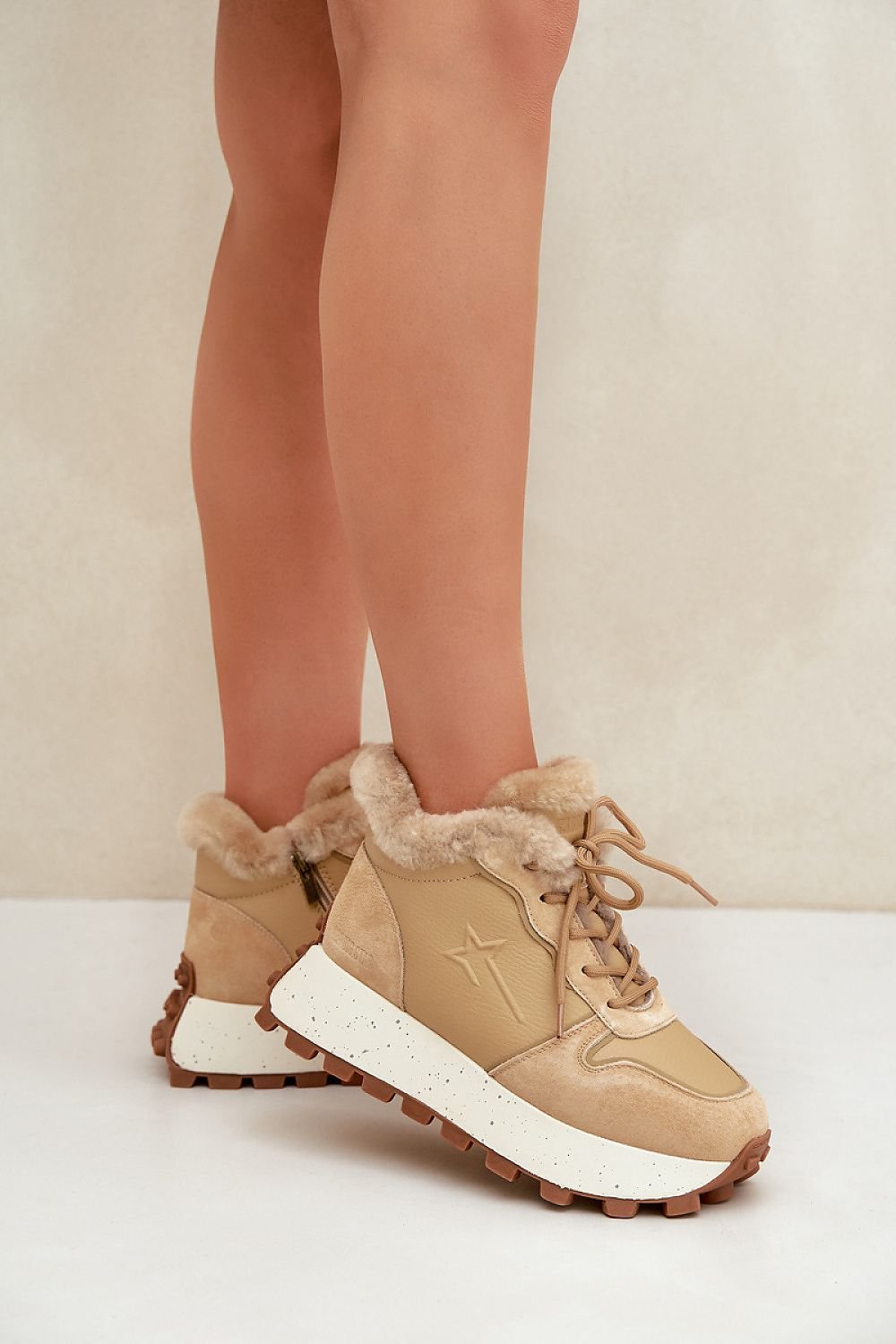 Women's Natural Leather Sneakers with Fur Lining